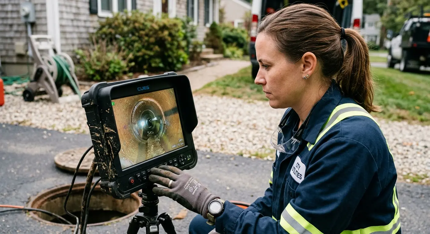 Technician reviewing sewer camera inspection footage in Conley