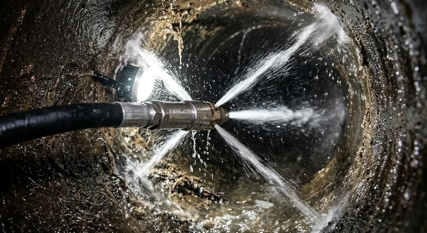High-pressure hydro jetting nozzle cleaning sewer pipe for Sewer Cleanout in Conley