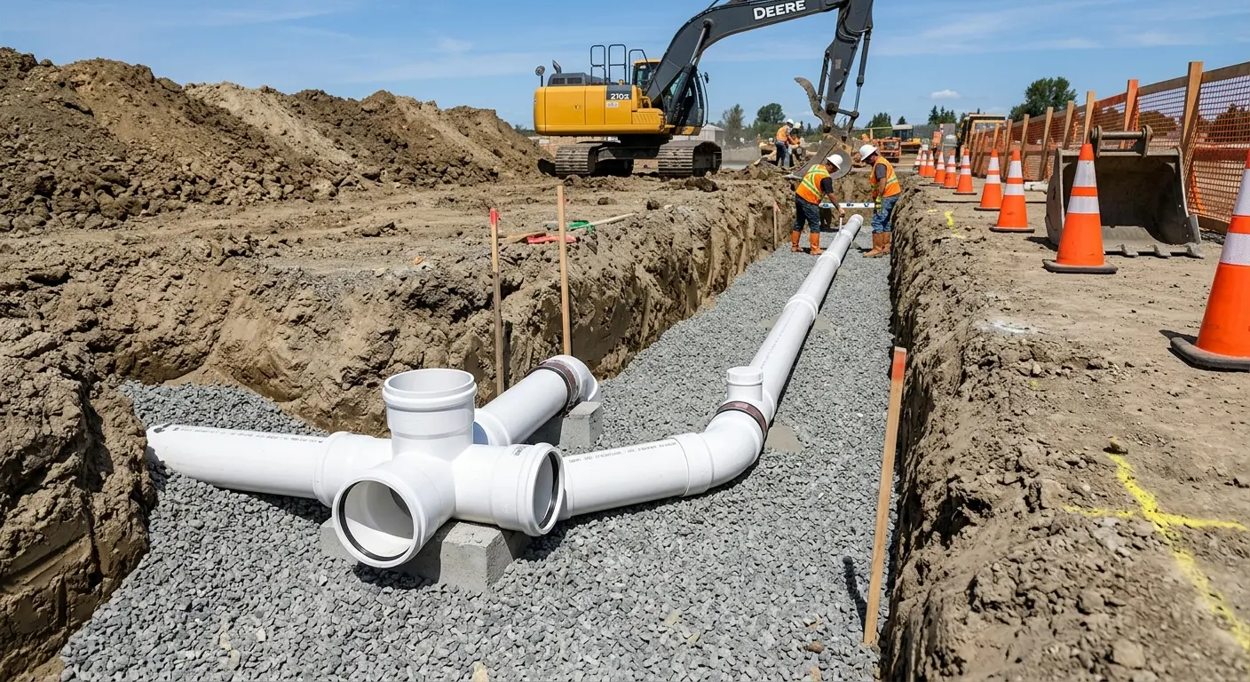 New PVC sewer pipe installation in open trench for Sewer Backup in Conley