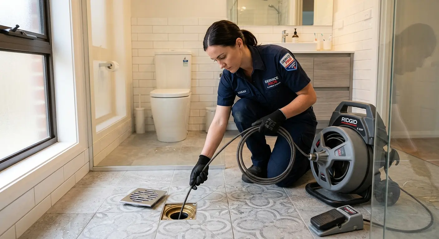 Technician clearing a bathroom floor drain for Drain Cleaning in Conley